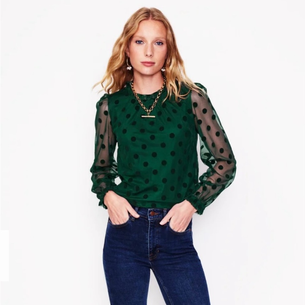 NWT Boden Tulle Blouson Sleeve Top - Green Polka Dot